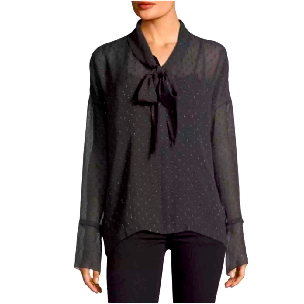 Theory Sheer Black Metallic Silk Scarf Tie Long Sleeve Blouse - Size Petite